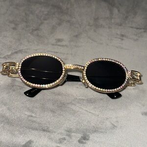 Gold Oval Sunglasses with Black Lenses and Crystal Trim